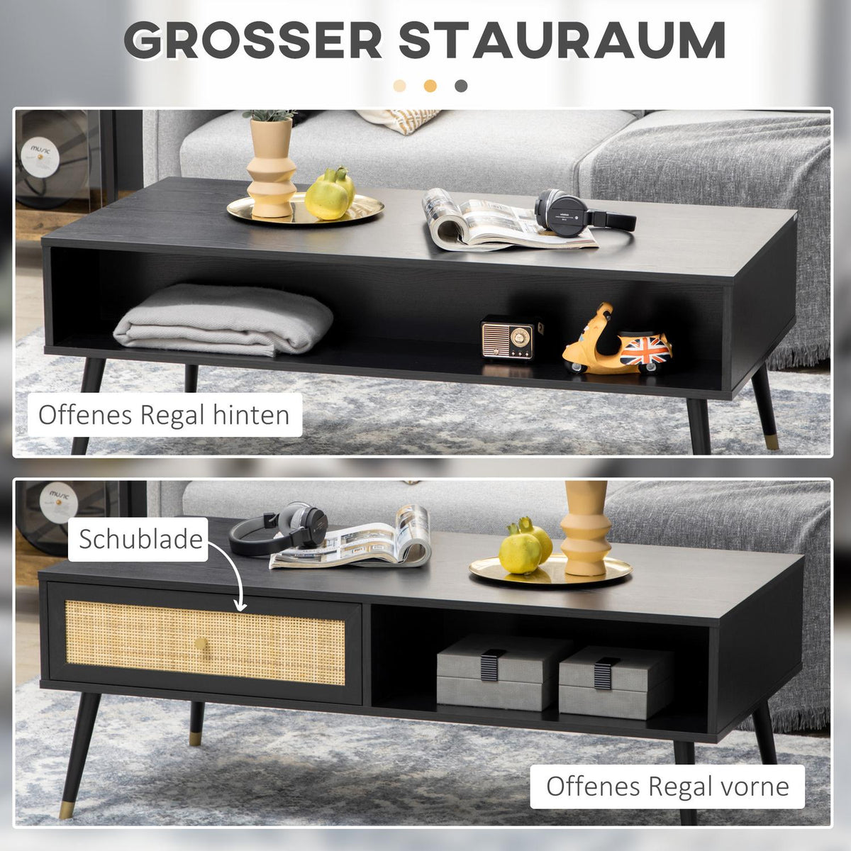 Coffee Table Side Table With Drawer And 2 Compartments, Rattan Look, Black, 120X59X45Cm