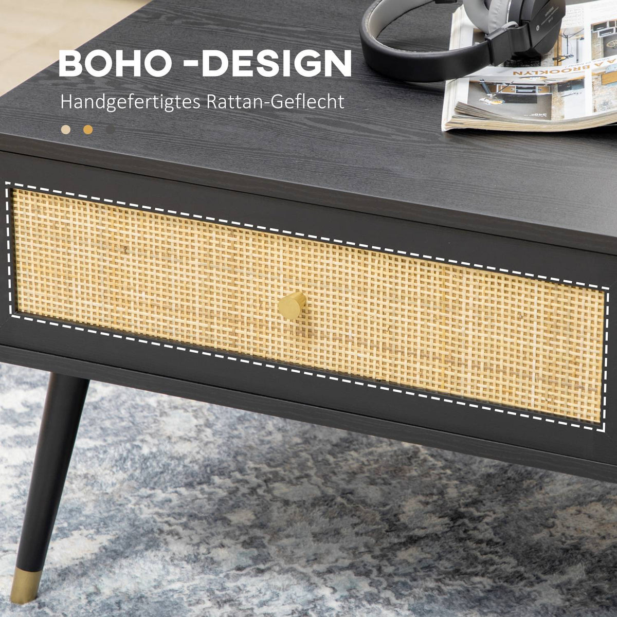 Coffee Table Side Table With Drawer And 2 Compartments, Rattan Look, Black, 120X59X45Cm