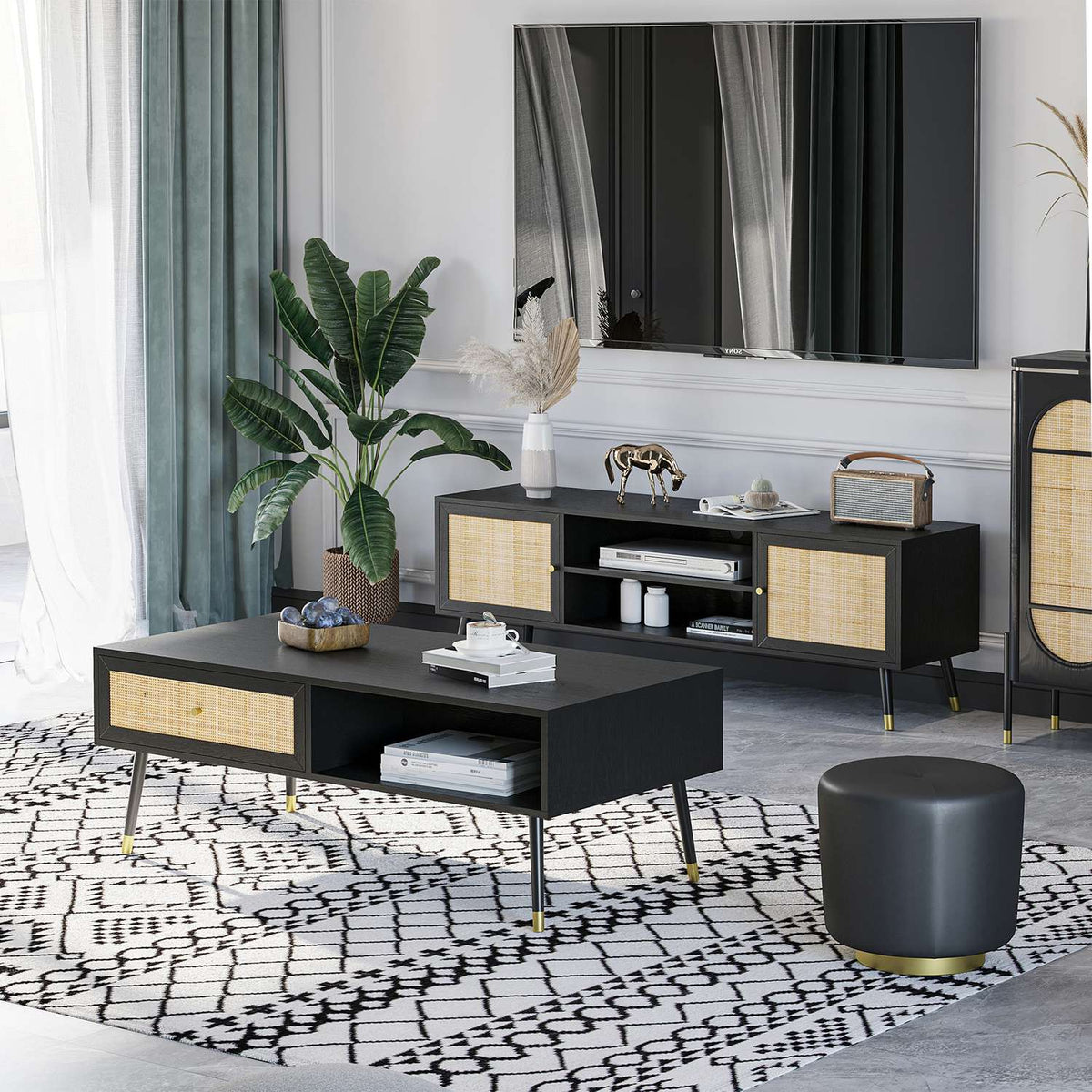 Coffee Table Side Table With Drawer And 2 Compartments, Rattan Look, Black, 120X59X45Cm