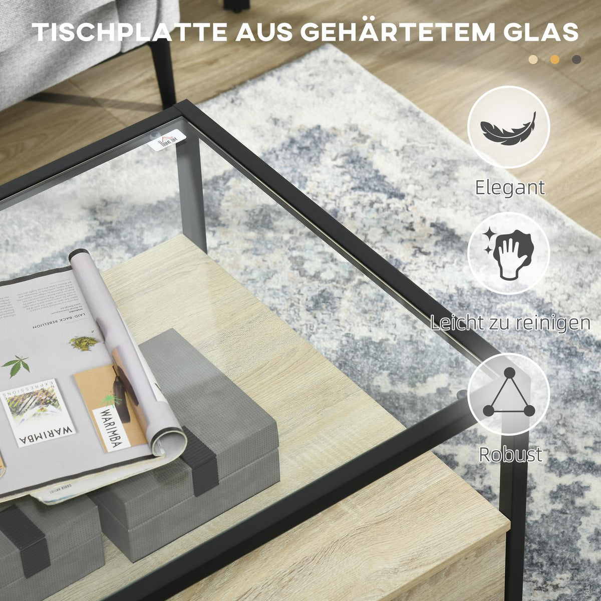 Coffee Table Side Table With Drawer & Glass Top, Coffee Table With Storage Space, Sofa Table, Steel, Oak