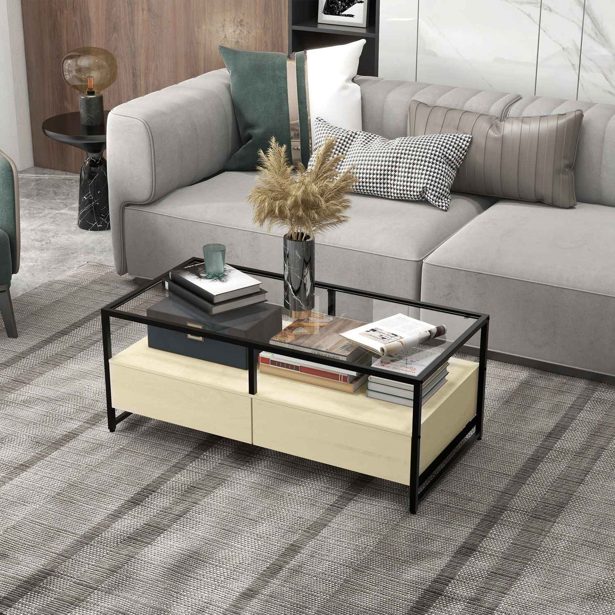 Coffee Table Side Table With Drawer & Glass Top, Coffee Table With Storage Space, Sofa Table, Steel, Oak
