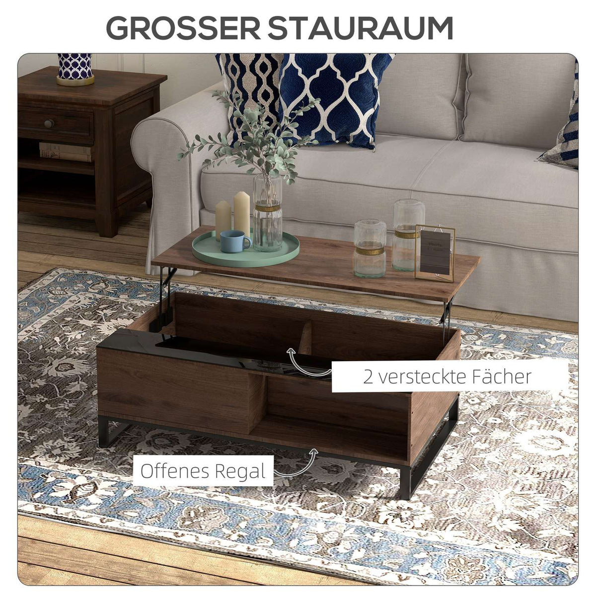 Coffee Table, Side Table With Lifting Function, Sofa Table With Storage Space, Coffee Table In Modern Design, Steel, Walnut, Black, 102 X 58 X 35.5 Cm