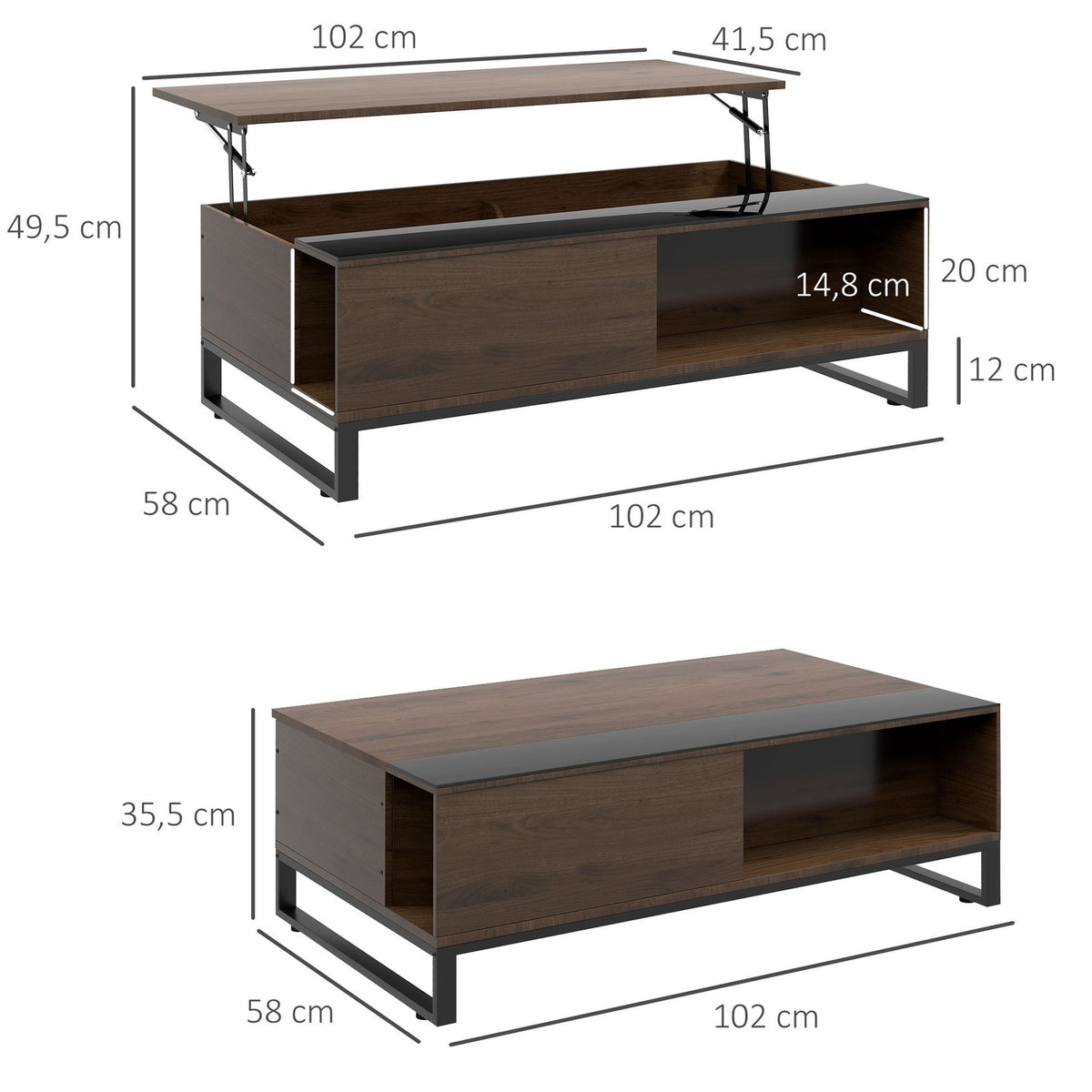 Coffee Table, Side Table With Lifting Function, Sofa Table With Storage Space, Coffee Table In Modern Design, Steel, Walnut, Black, 102 X 58 X 35.5 Cm