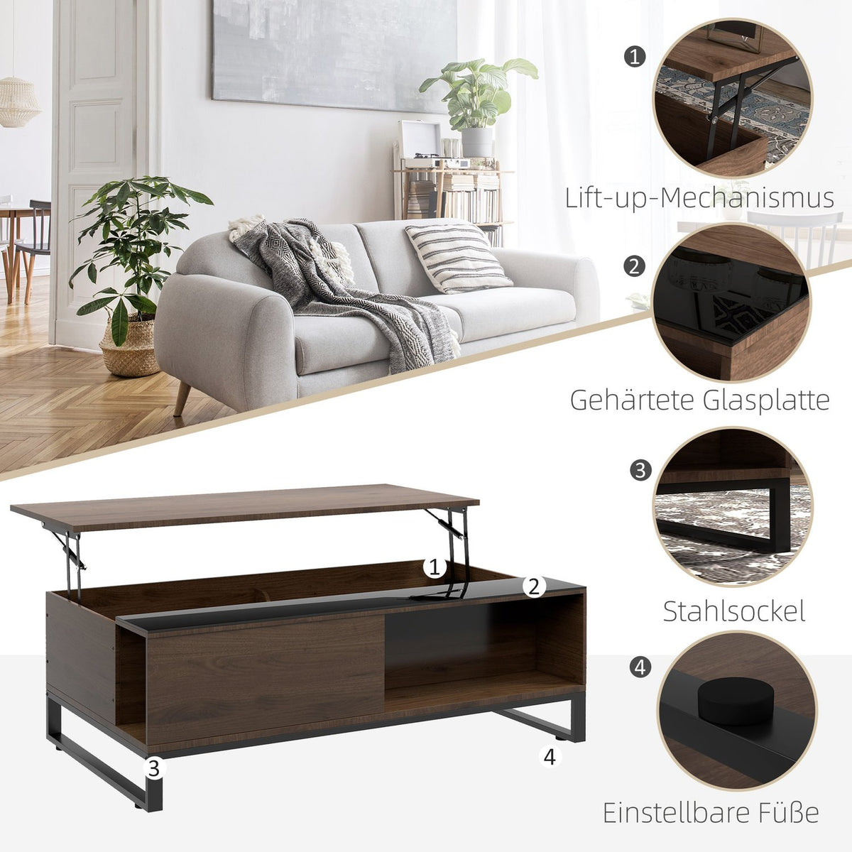 Coffee Table, Side Table With Lifting Function, Sofa Table With Storage Space, Coffee Table In Modern Design, Steel, Walnut, Black, 102 X 58 X 35.5 Cm