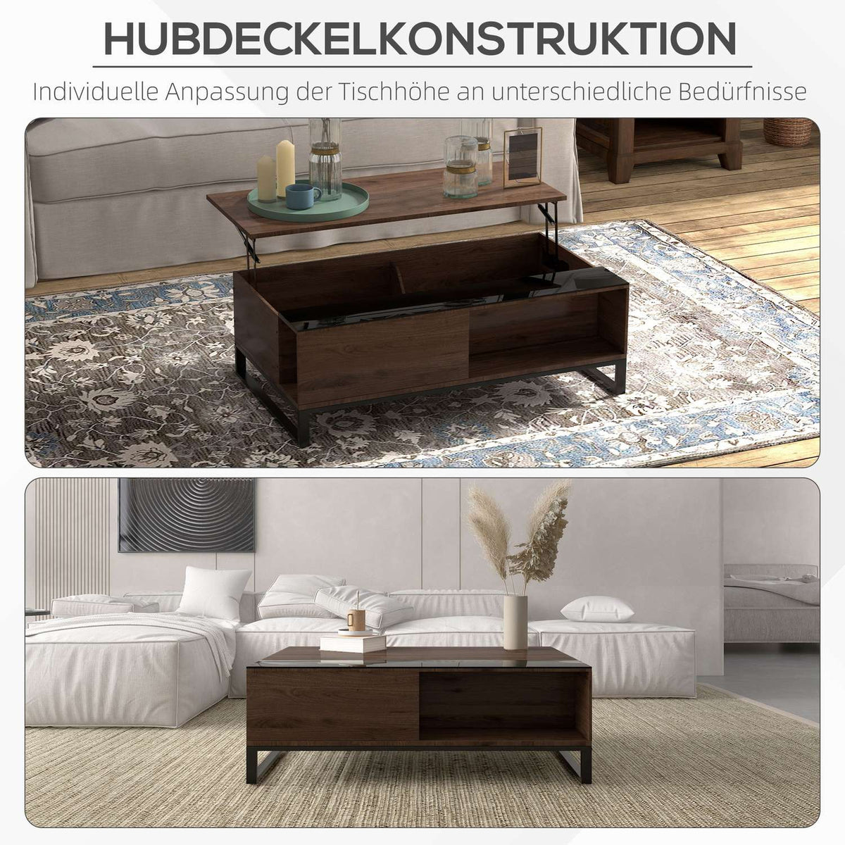 Coffee Table, Side Table With Lifting Function, Sofa Table With Storage Space, Coffee Table In Modern Design, Steel, Walnut, Black, 102 X 58 X 35.5 Cm