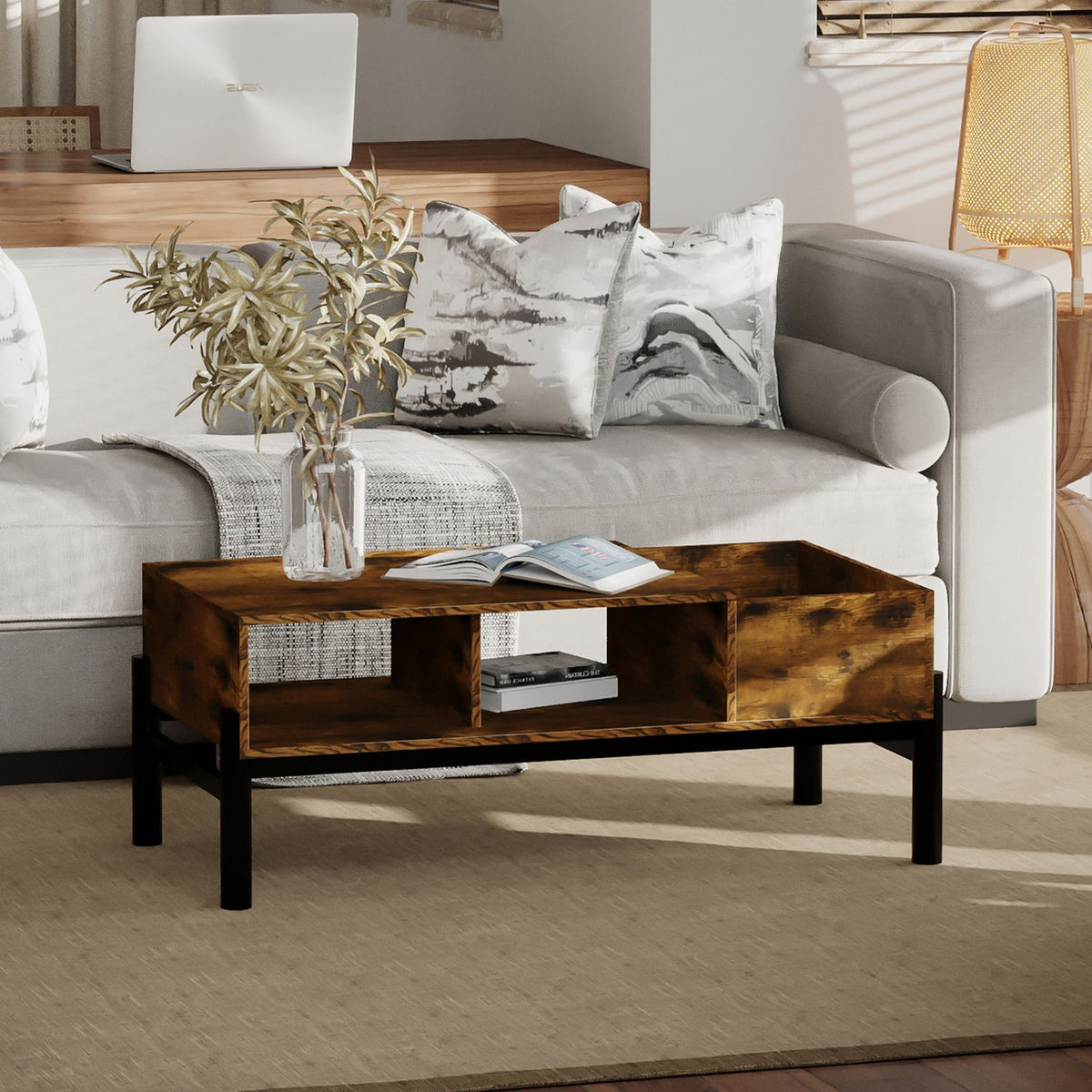 Coffee Table Side Table With Storage Compartment, Chipboard Metal, Brown + Black, 118X60X47Cm