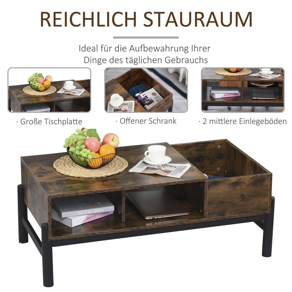 Coffee Table Side Table With Storage Compartment, Chipboard Metal, Brown + Black, 118X60X47Cm