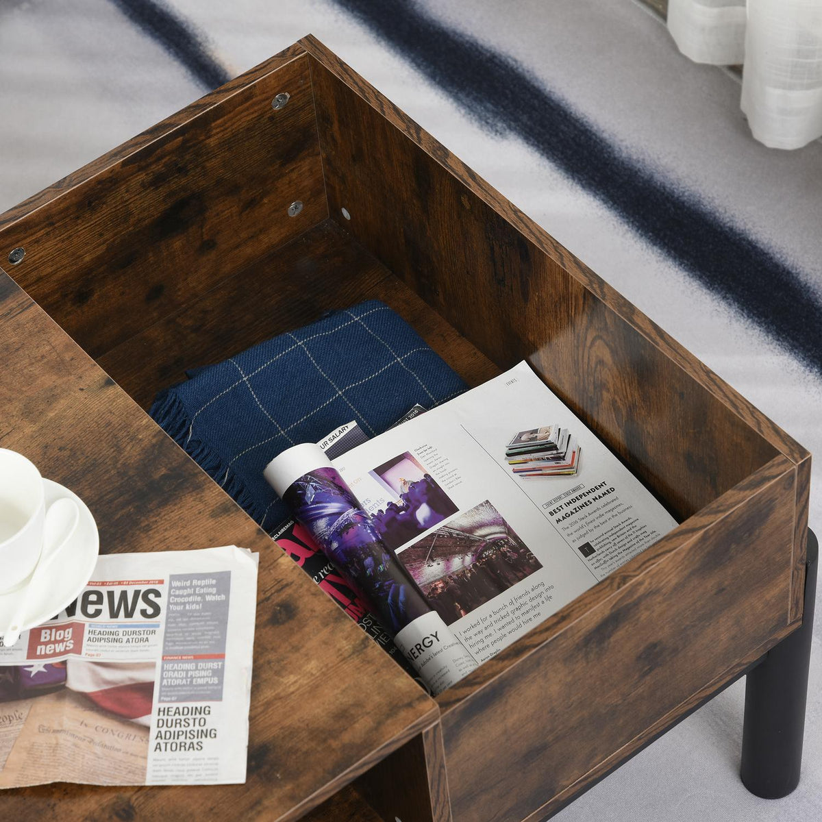 Coffee Table Side Table With Storage Compartment, Chipboard Metal, Brown + Black, 118X60X47Cm