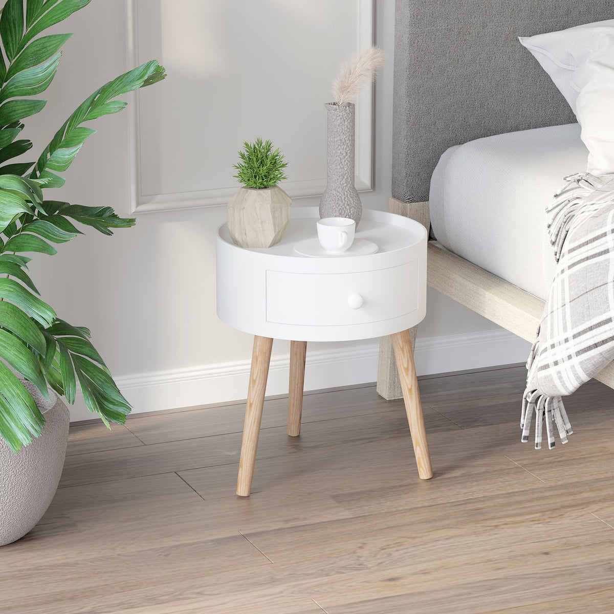 Coffee Table With Drawer, Round Side Table, Coffee Table, Load Capacity Up To 50 Kg, White, 38X38X45Cm