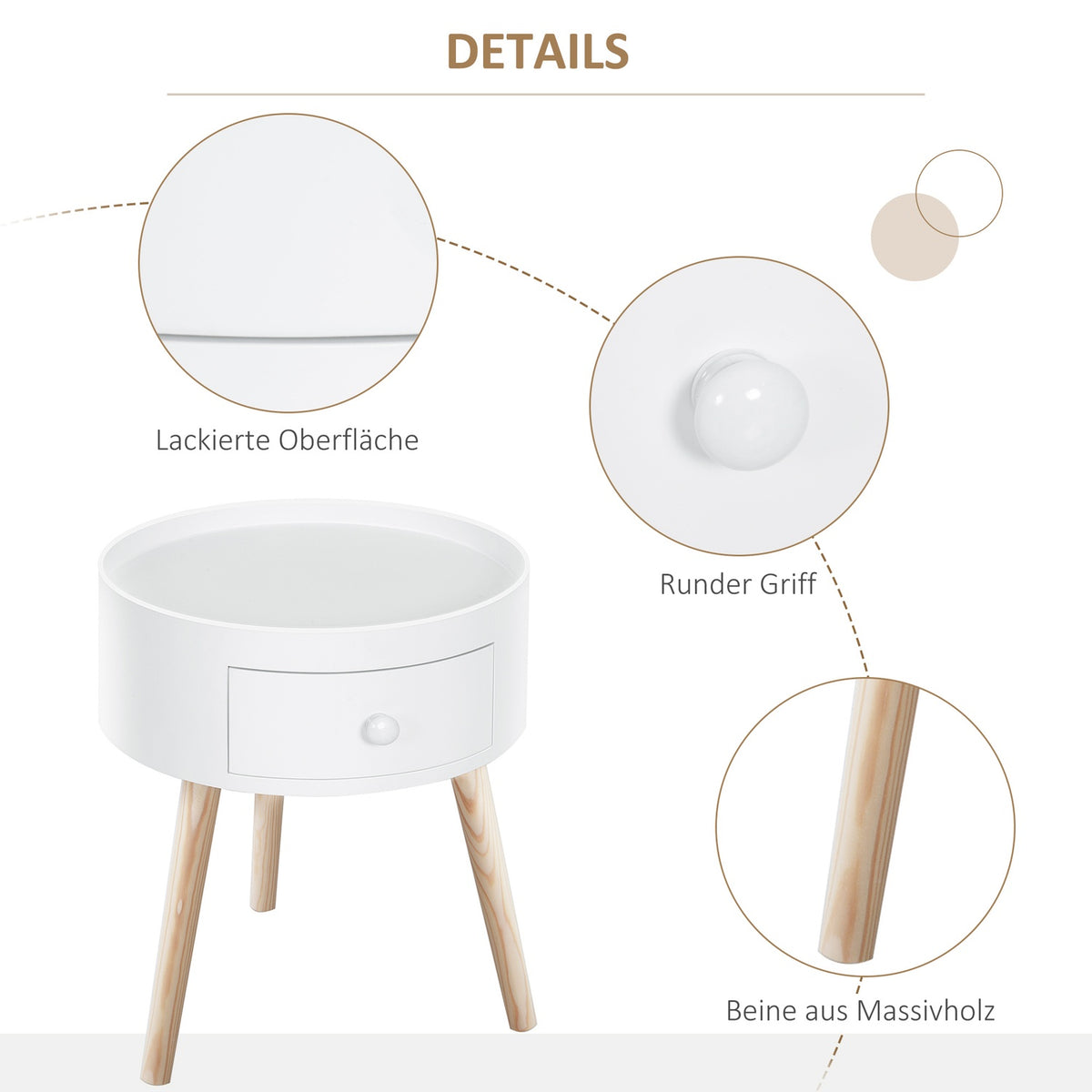 Coffee Table With Drawer, Round Side Table, Coffee Table, Load Capacity Up To 50 Kg, White, 38X38X45Cm