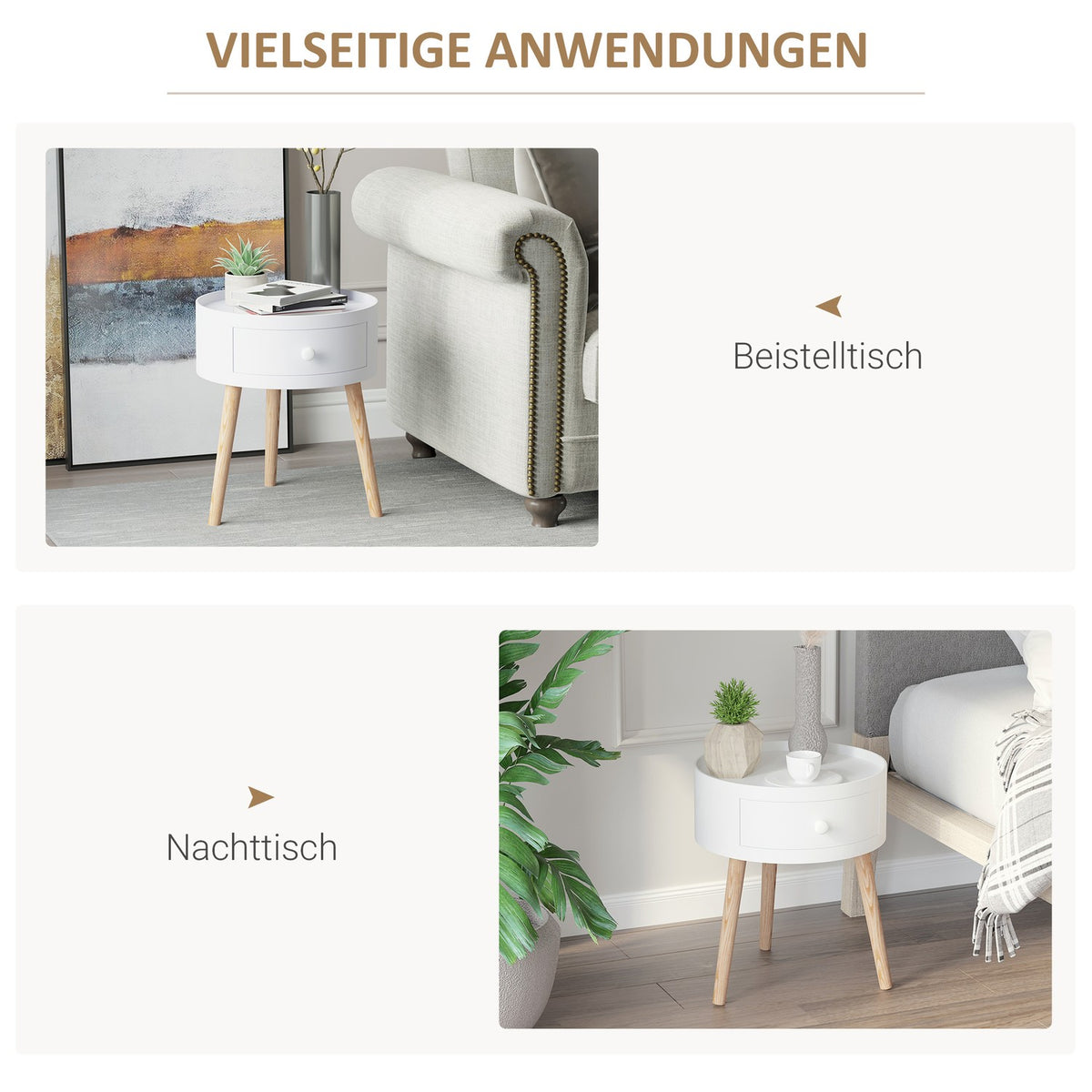 Coffee Table With Drawer, Round Side Table, Coffee Table, Load Capacity Up To 50 Kg, White, 38X38X45Cm
