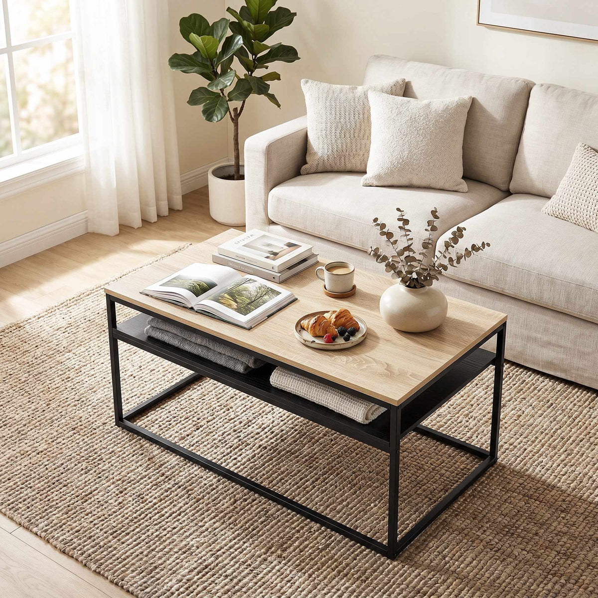 Coffee Table With Shelf, Oak Look and Black, 100 cm
