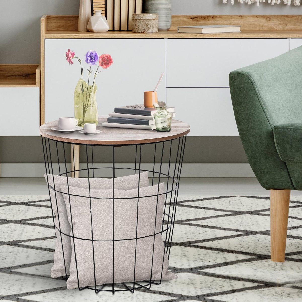 Coffee Table With Storage Space, Side Table, Coffee Table, Metal Mdf, Natural, Ø39.5X43Cm
