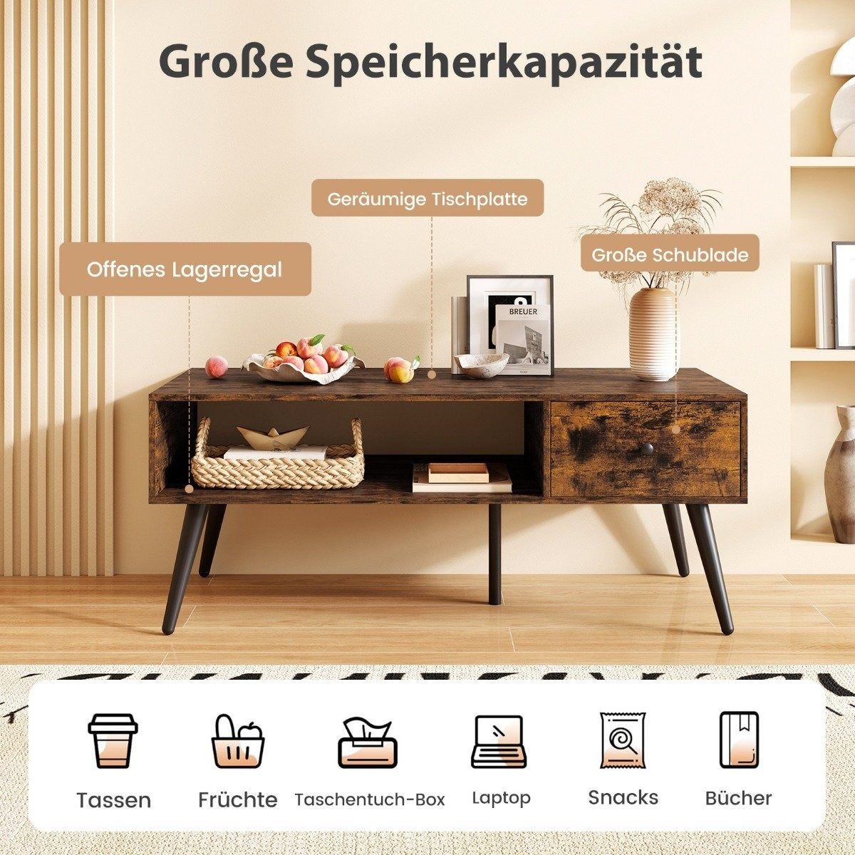 Coffee Table with Drawer and Open Shelf, 109 x 55 x 39.5 cm