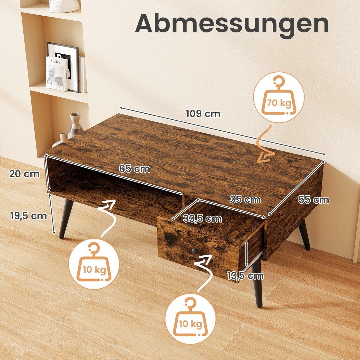 Coffee Table with Drawer and Open Shelf, 109 x 55 x 39.5 cm