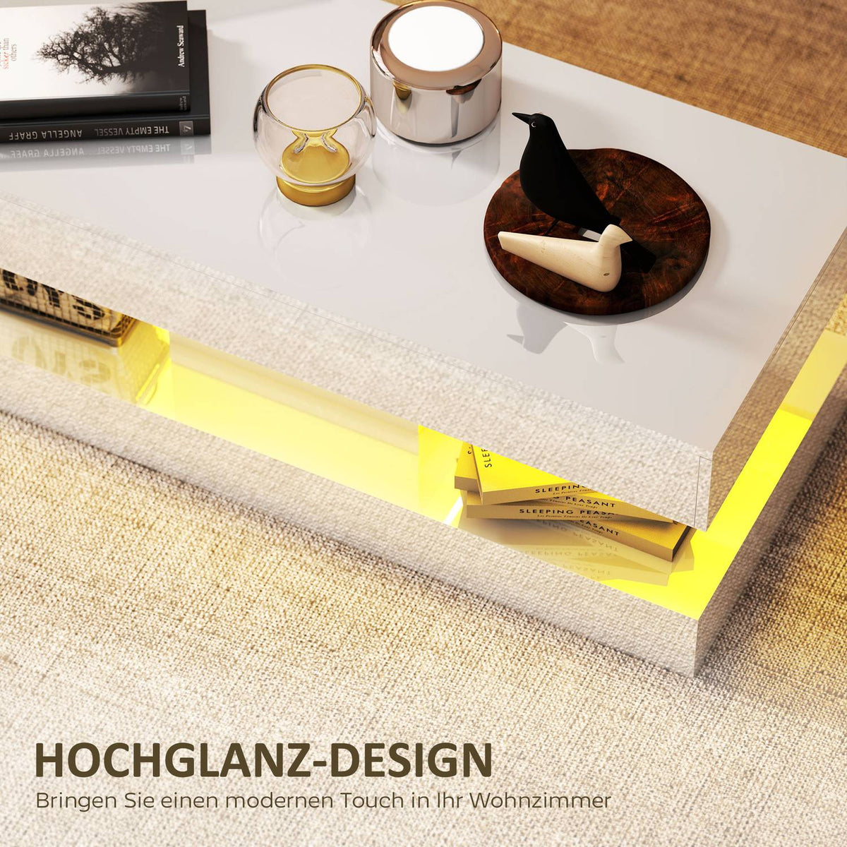 Coffee Table with Drawers and LED Lights, White MDF
