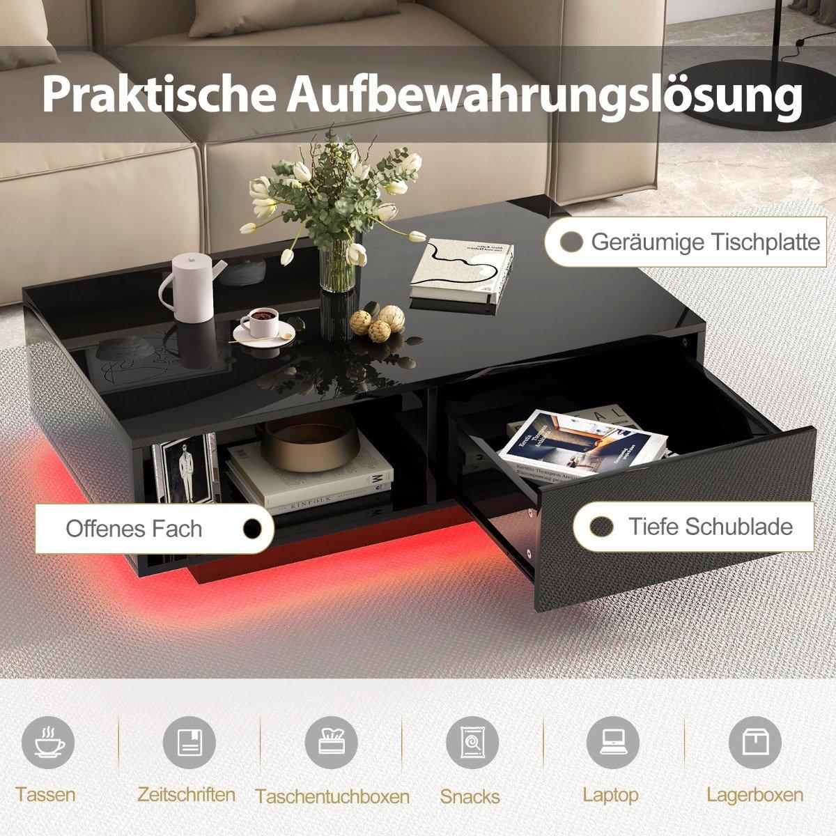 Coffee Table with LED Lights, Remote, Storage, Black, 95x55x31 cm