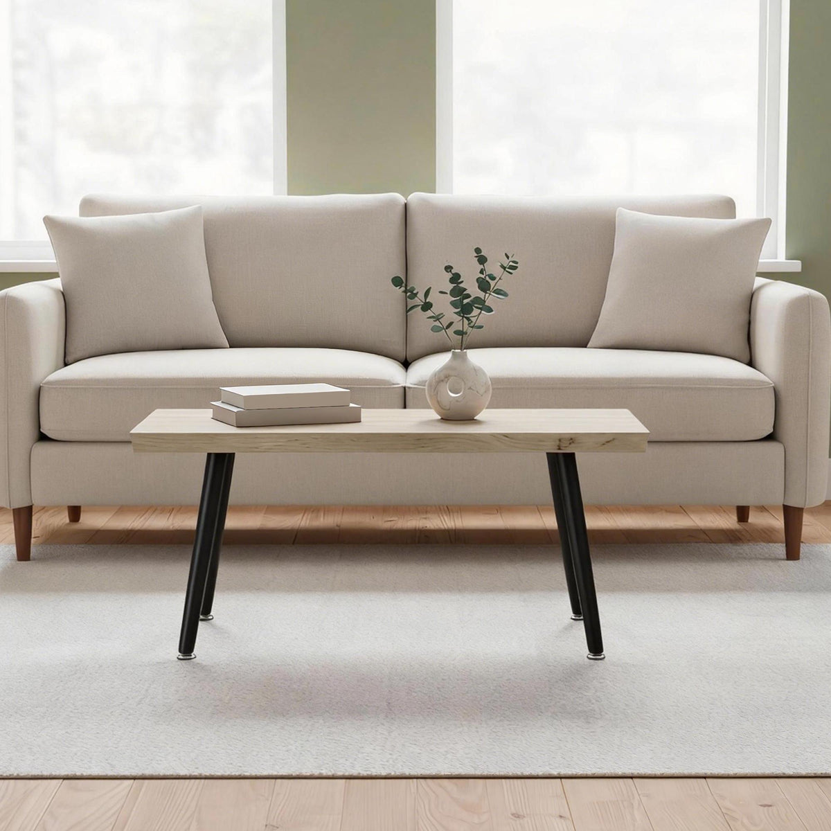 Coffee Table with Steel Legs, Oak Finish, 100x50x45 cm
