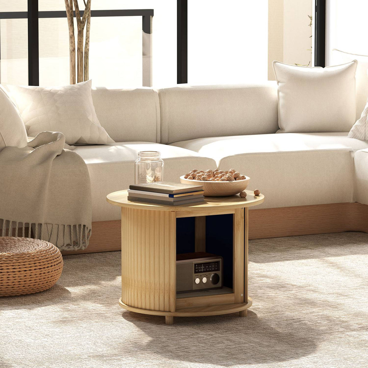 Coffee table living room table made of bamboo with hidden storage space and sliding door, round side table in modern style, for living room, natural, Ø60 x 45 cm