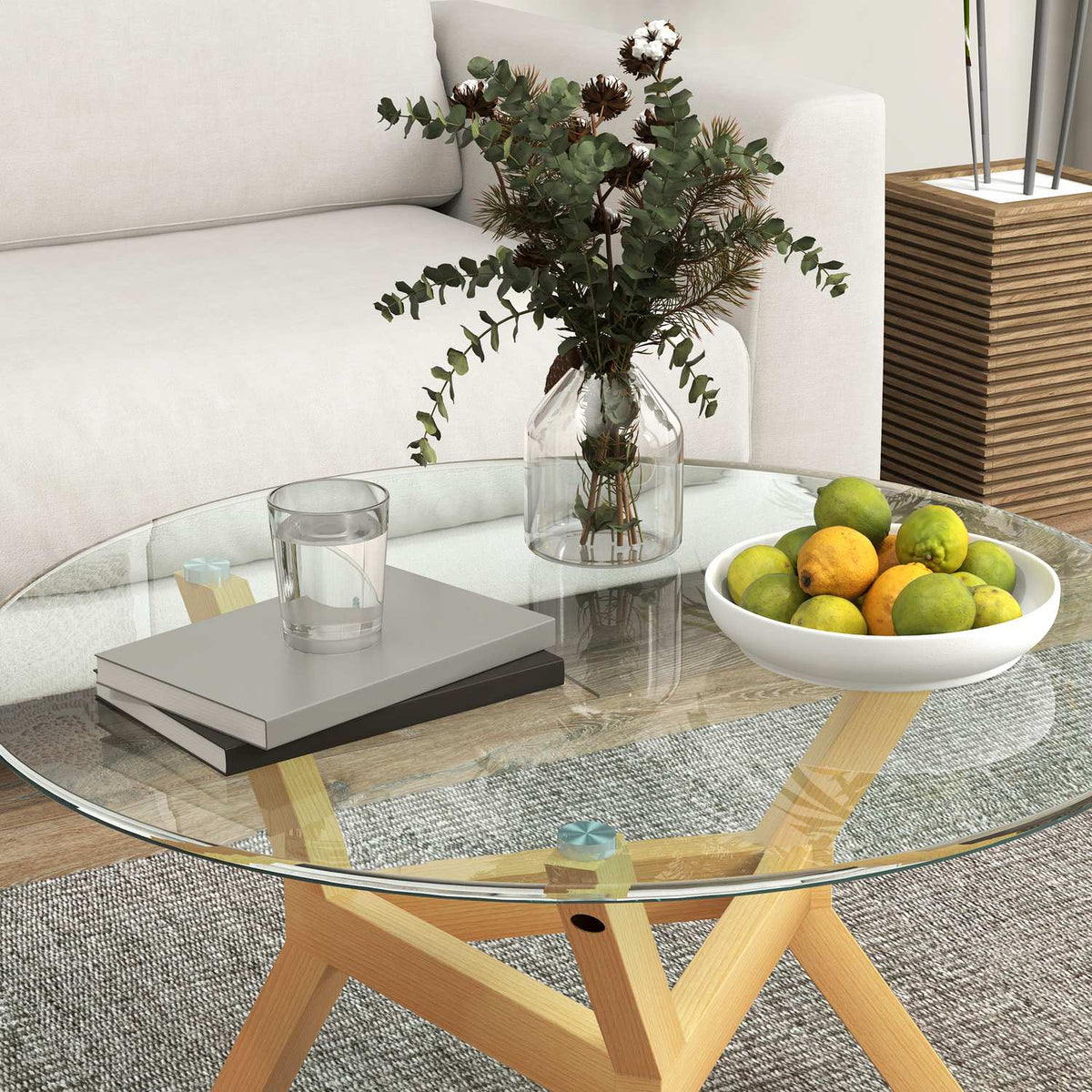Coffee table made of tempered glass, living room table with adjustable foot pads and steel frame, round side table for living room, transparent, Ø80 x 45 cm