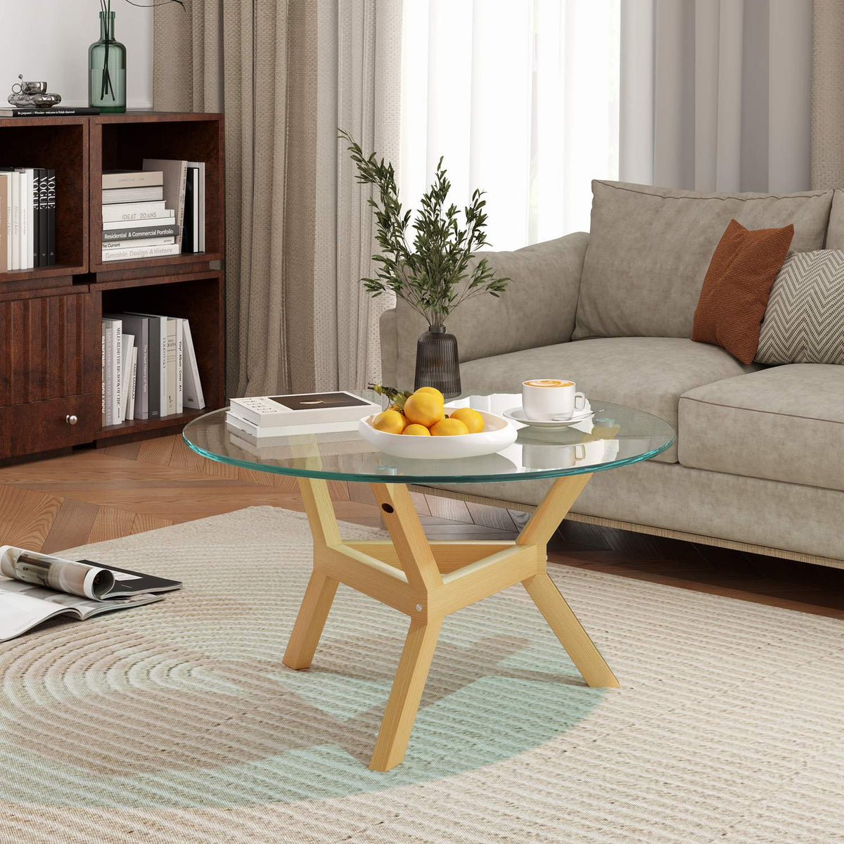Coffee table made of tempered glass, living room table with adjustable foot pads and steel frame, round side table for living room, transparent, Ø80 x 45 cm