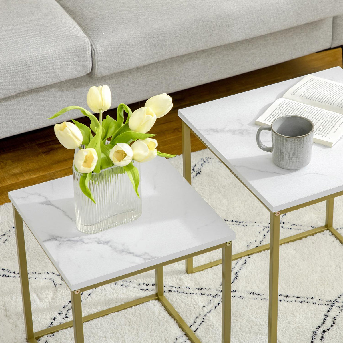 Coffee table set of 2, side table, coffee table, nesting table, sofa table with steel frame, living room table for bedroom, white