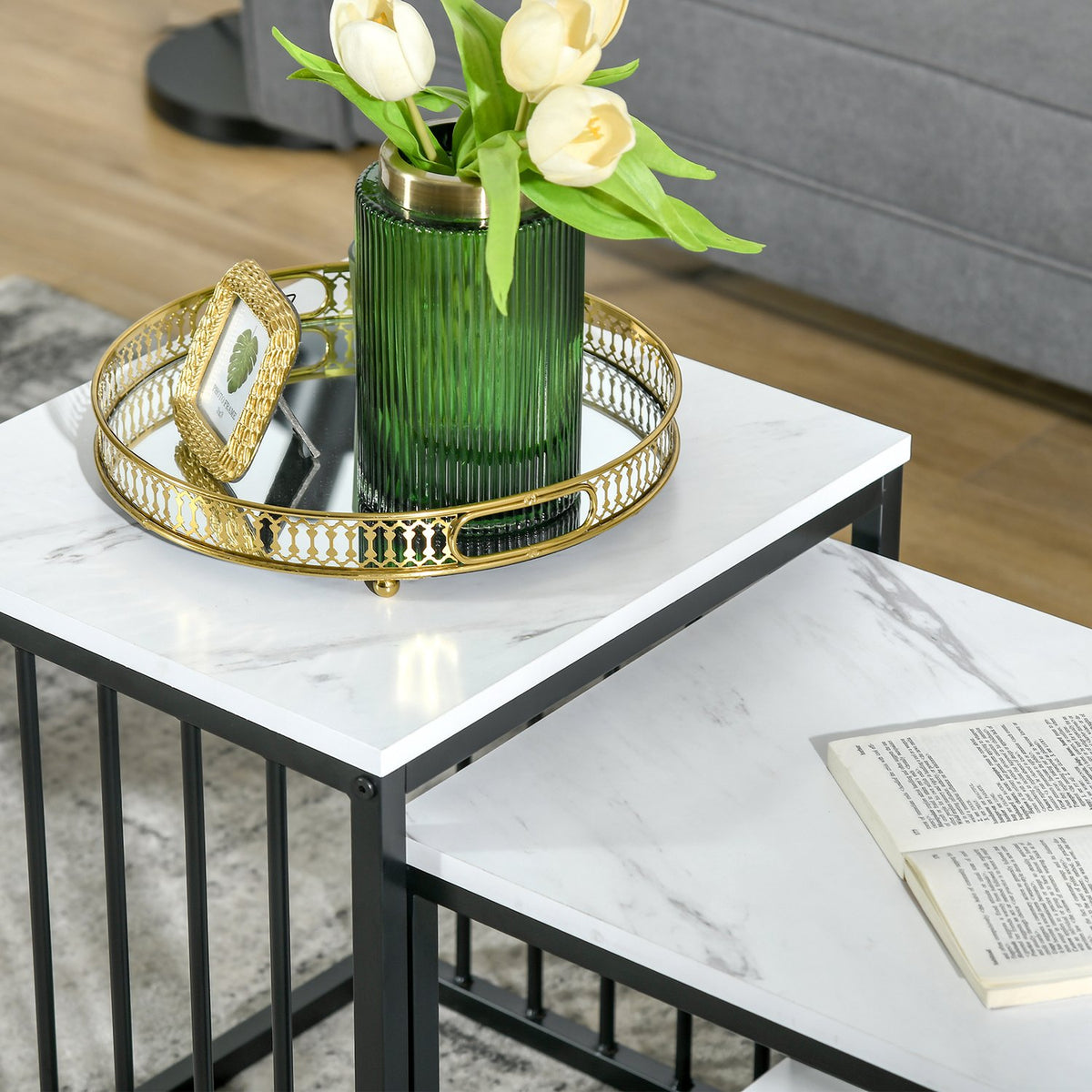 Coffee table set of 2 side tables, coffee table, nesting table, sofa table in modern design, living room table with marble look, for bedroom, steel