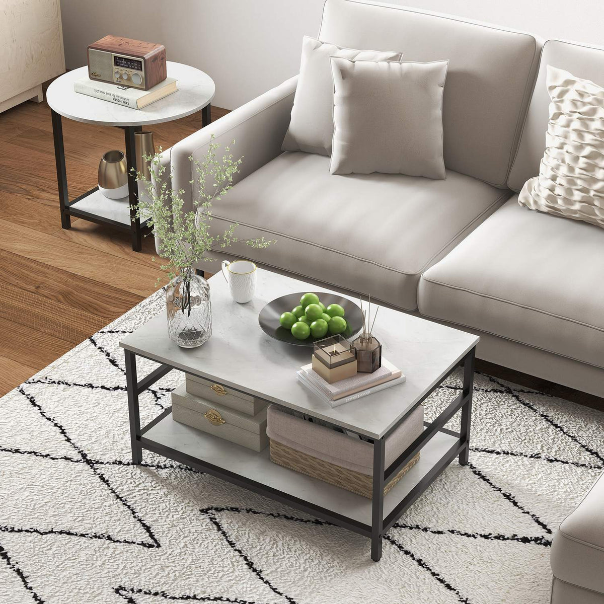 Coffee table set of 2 side tables, coffee table, sofa table in a modern design with a marble look for the living room, bedroom, steel