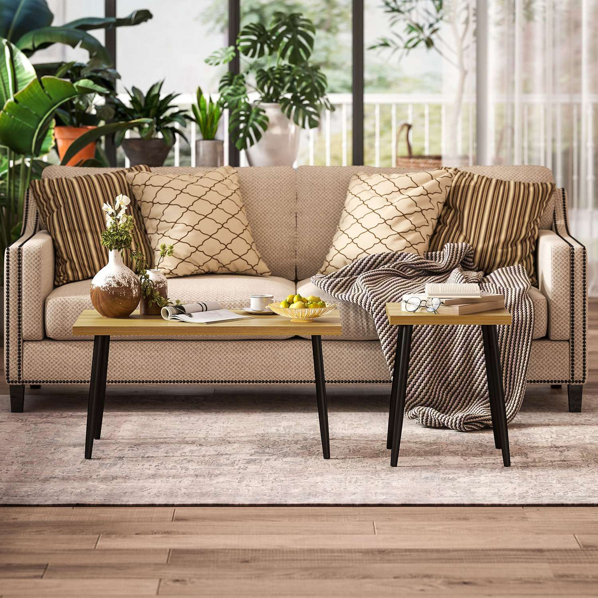 Coffee table set of 2 side tables with steel frame, living room table, coffee table for living room, bedroom, natural