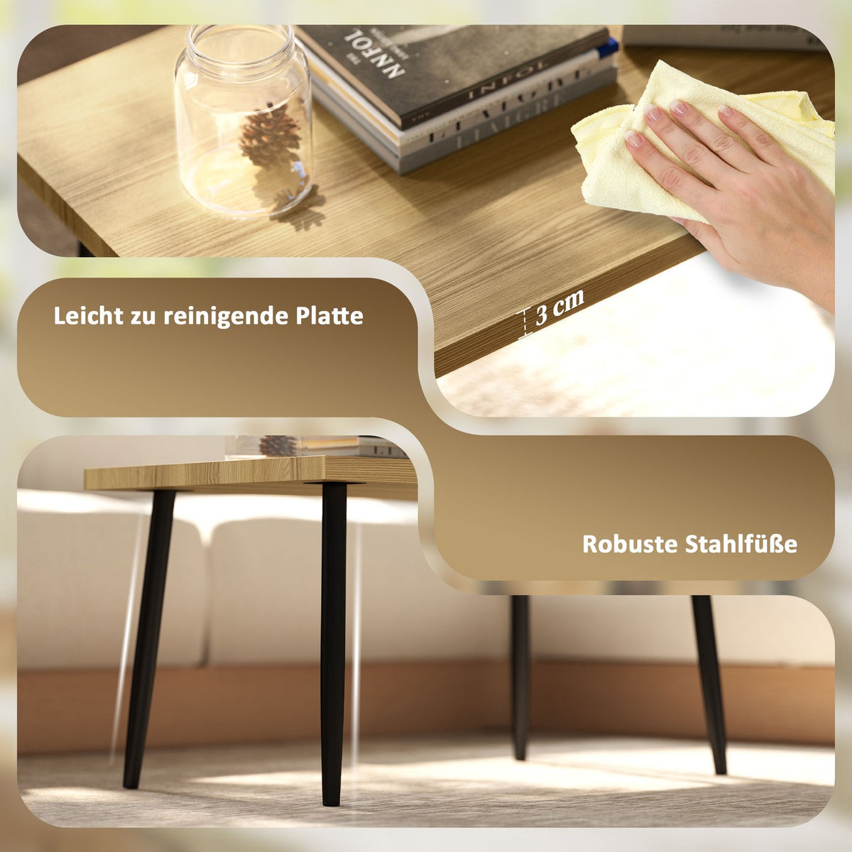 Coffee table set of 2 side tables with steel frame, living room table, coffee table for living room, bedroom, natural