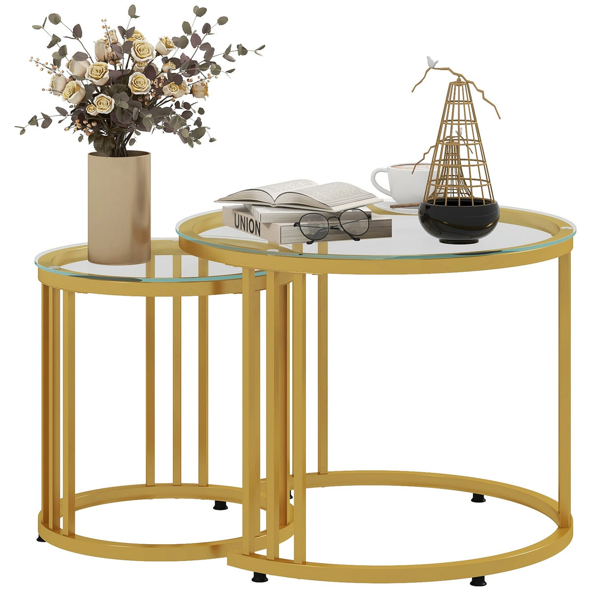 Coffee table set of 2, stackable side table with steel frame, coffee table, living room table for office, bedroom, gold