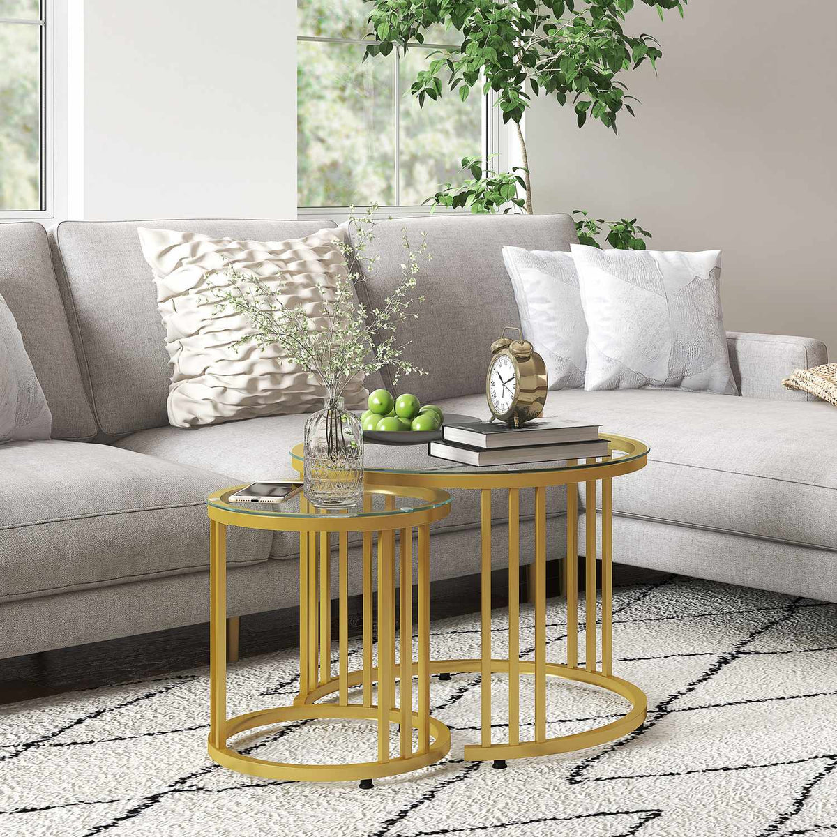 Coffee table set of 2, stackable side table with steel frame, coffee table, living room table for office, bedroom, gold