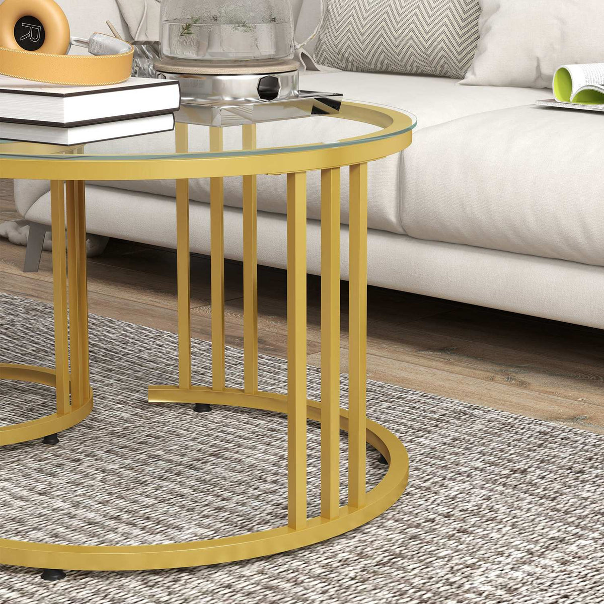 Coffee table set of 2, stackable side table with steel frame, coffee table, living room table for office, bedroom, gold