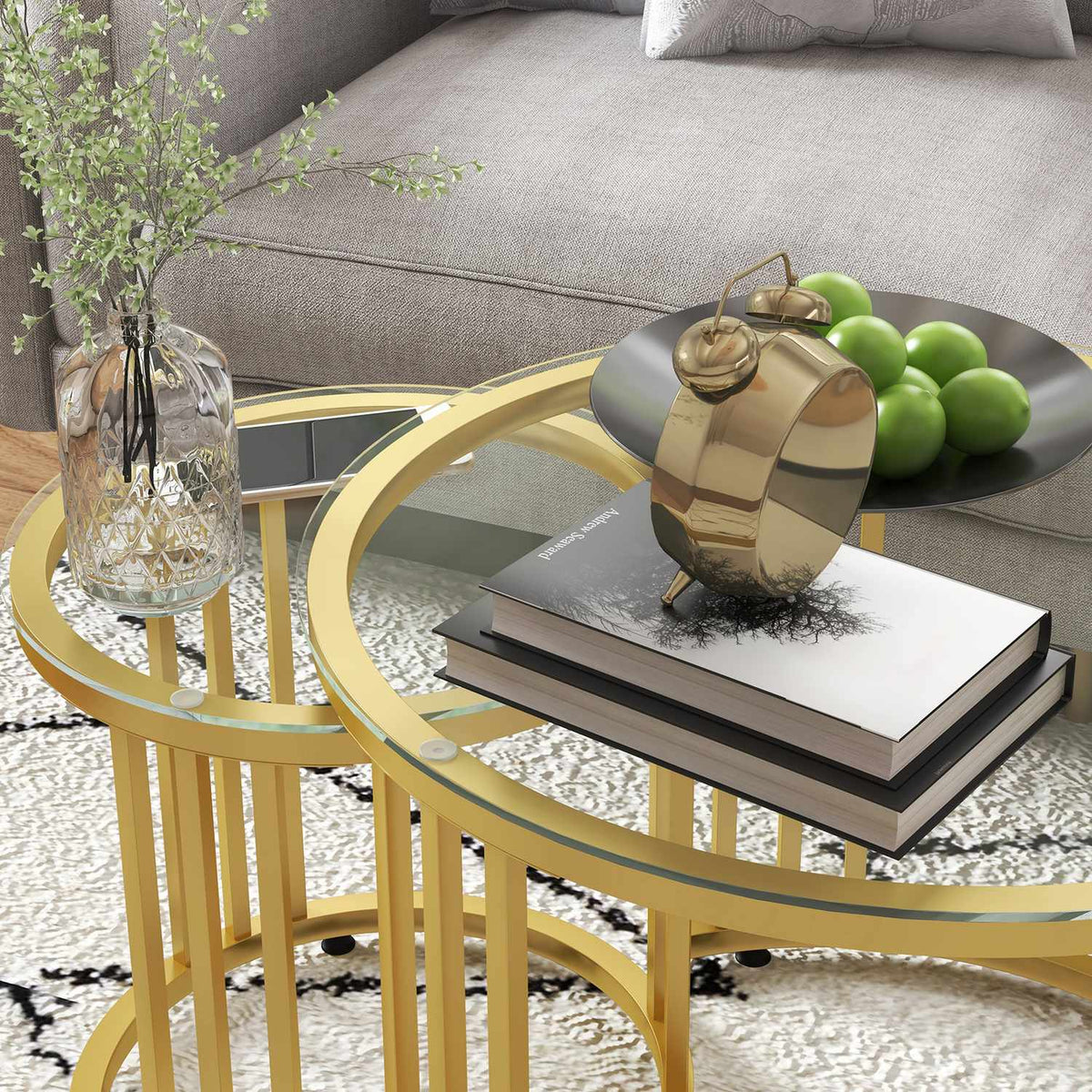 Coffee table set of 2, stackable side table with steel frame, coffee table, living room table for office, bedroom, gold
