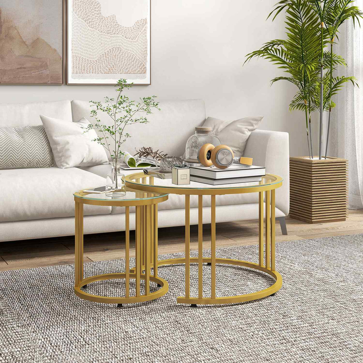 Coffee table set of 2, stackable side table with steel frame, coffee table, living room table for office, bedroom, gold