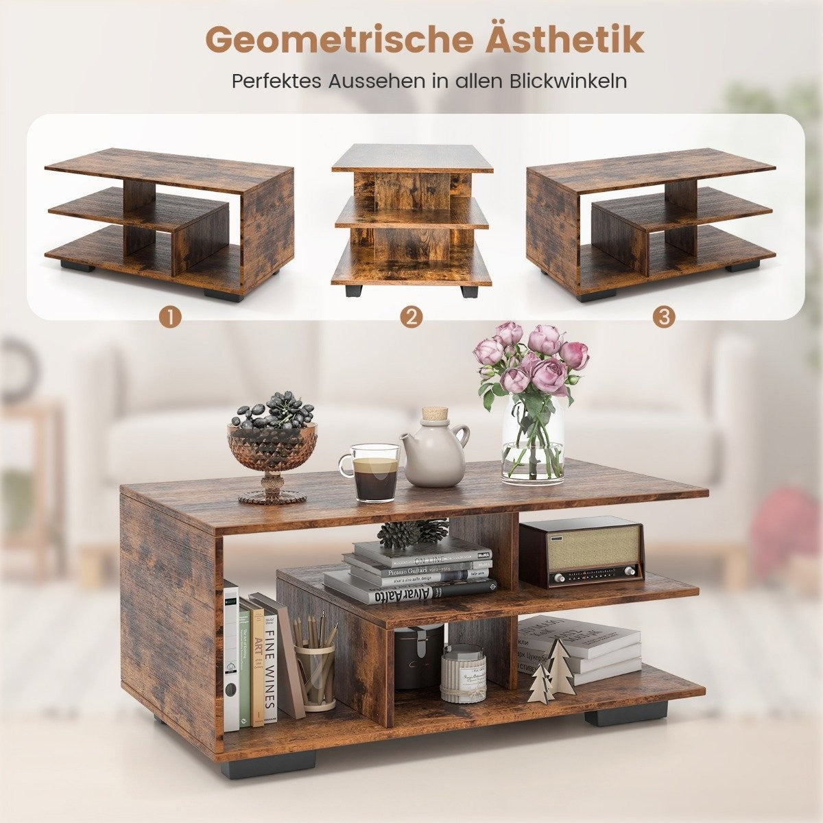 Coffee table with storage & L-shaped center shelf rectangular living room table accent table brown