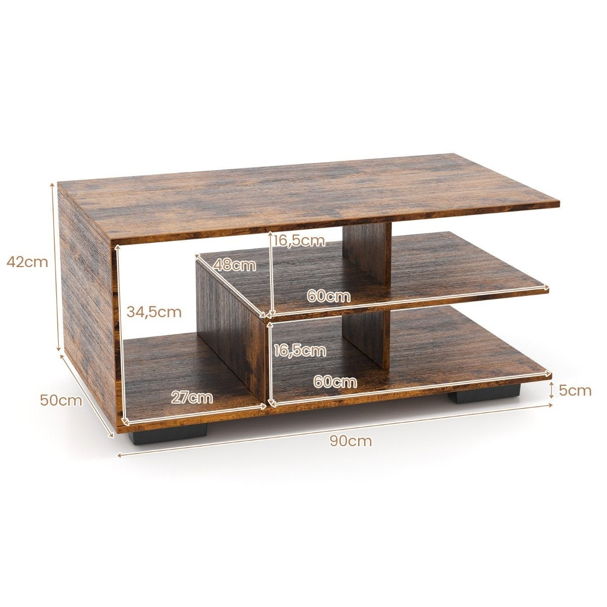 Coffee table with storage & L-shaped center shelf rectangular living room table accent table brown