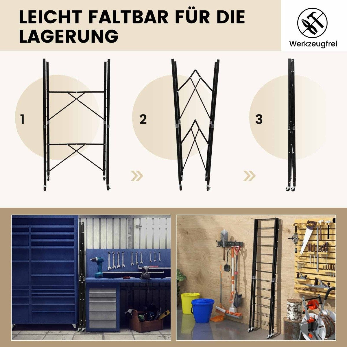 Collapsible Metal Storage Rack with Wheels – Adjustable Shelves