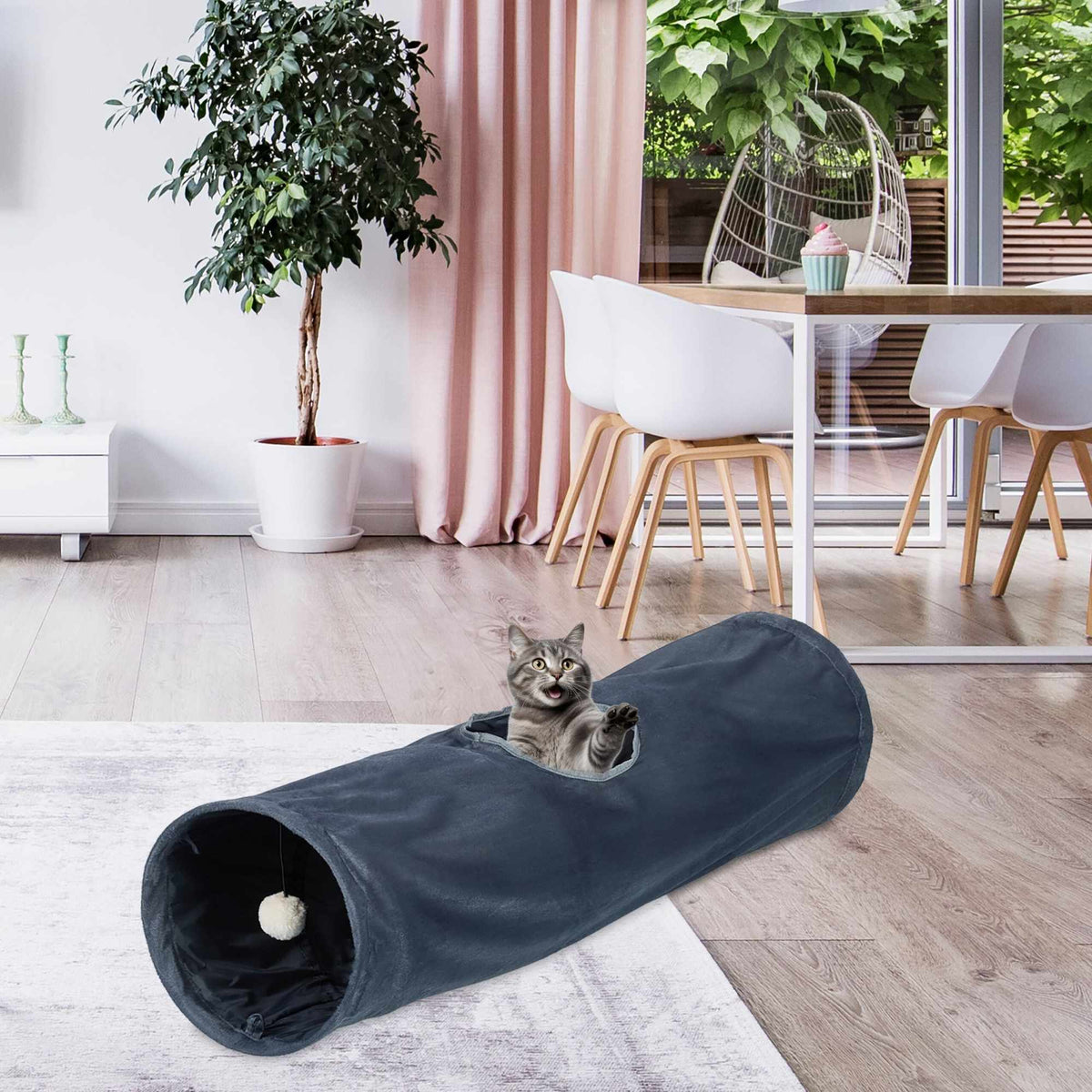 Collapsible cat tunnel with plush