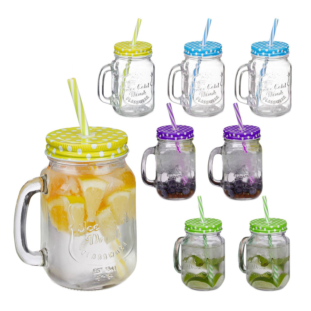 Colorful drinking glasses with lids - set of 8