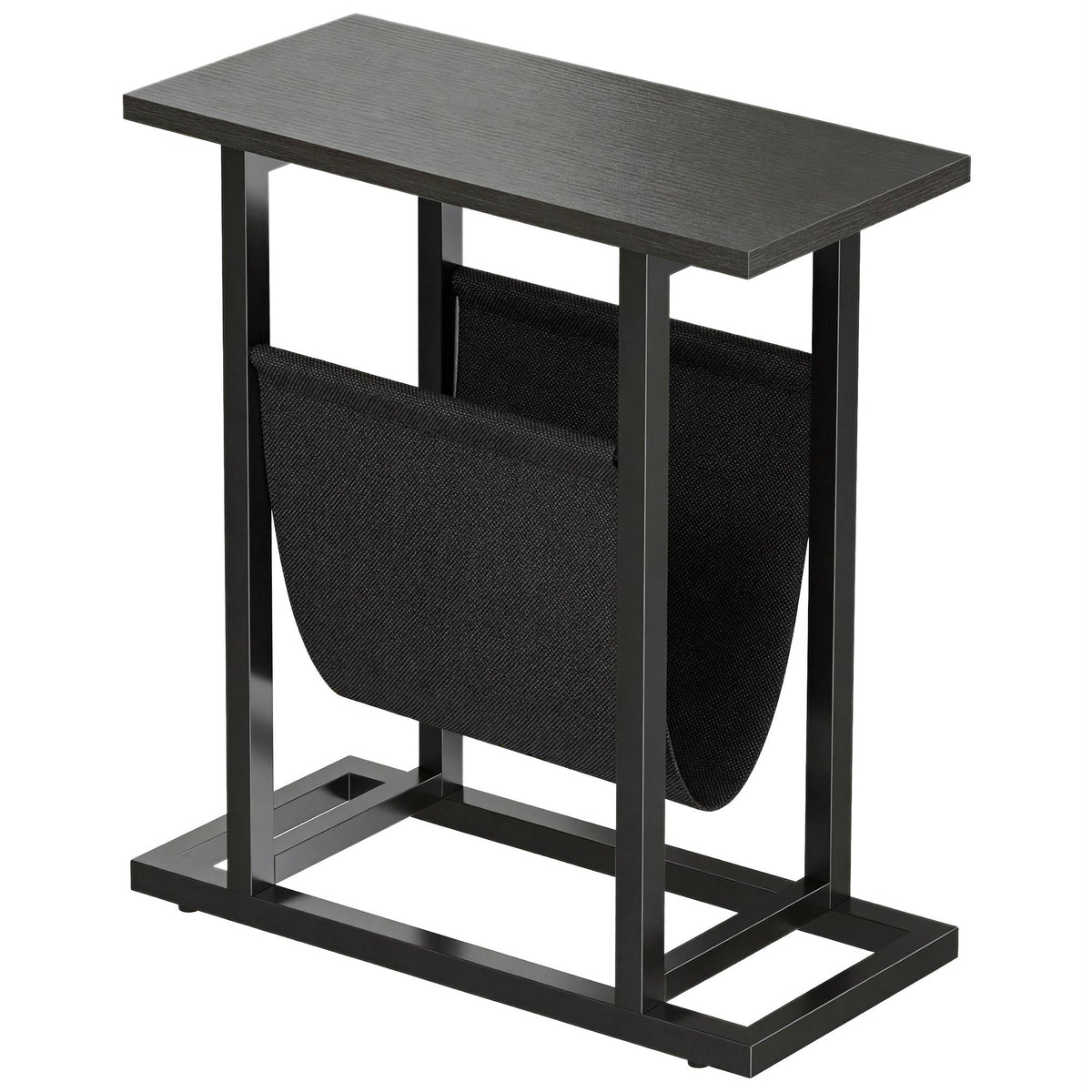 Compact Black Side Table with Steel Frame and Fabric Pocket
