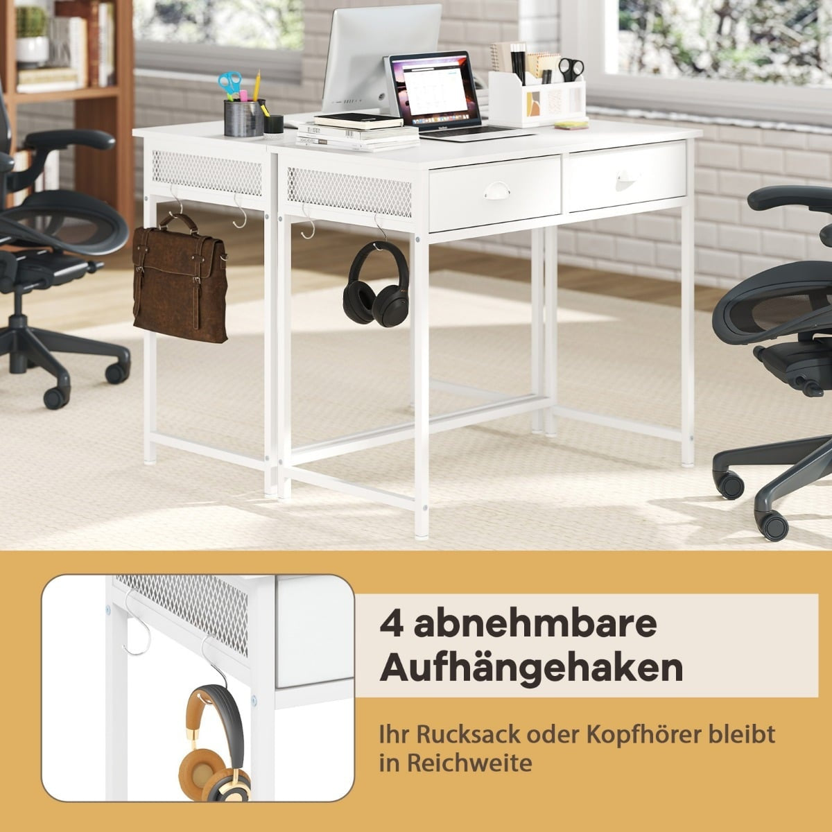 Compact Computer Desk with 2 Fabric Drawers & Hooks