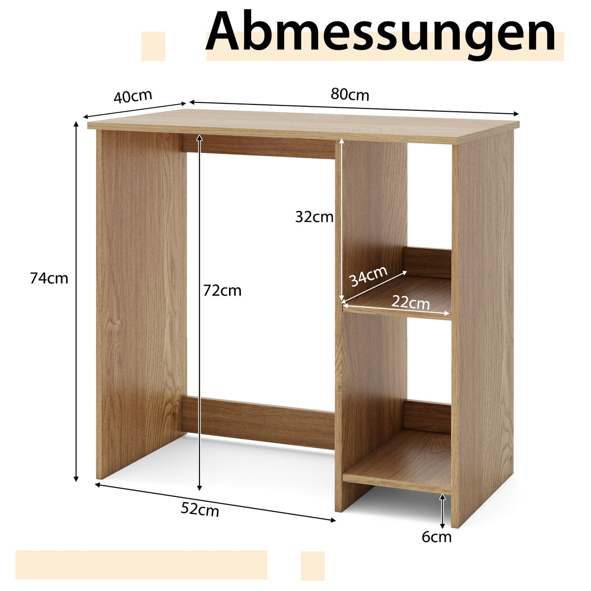 Compact Desk with 2 Shelves, 80x40x74 cm, Natural Wood