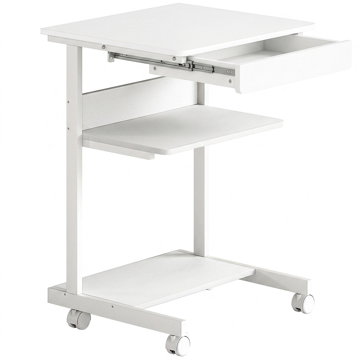 Compact Rolling Desk with Drawer & Shelves, White