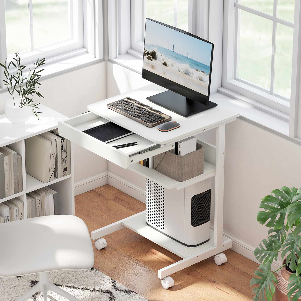 Compact Rolling Desk with Drawer & Shelves, White