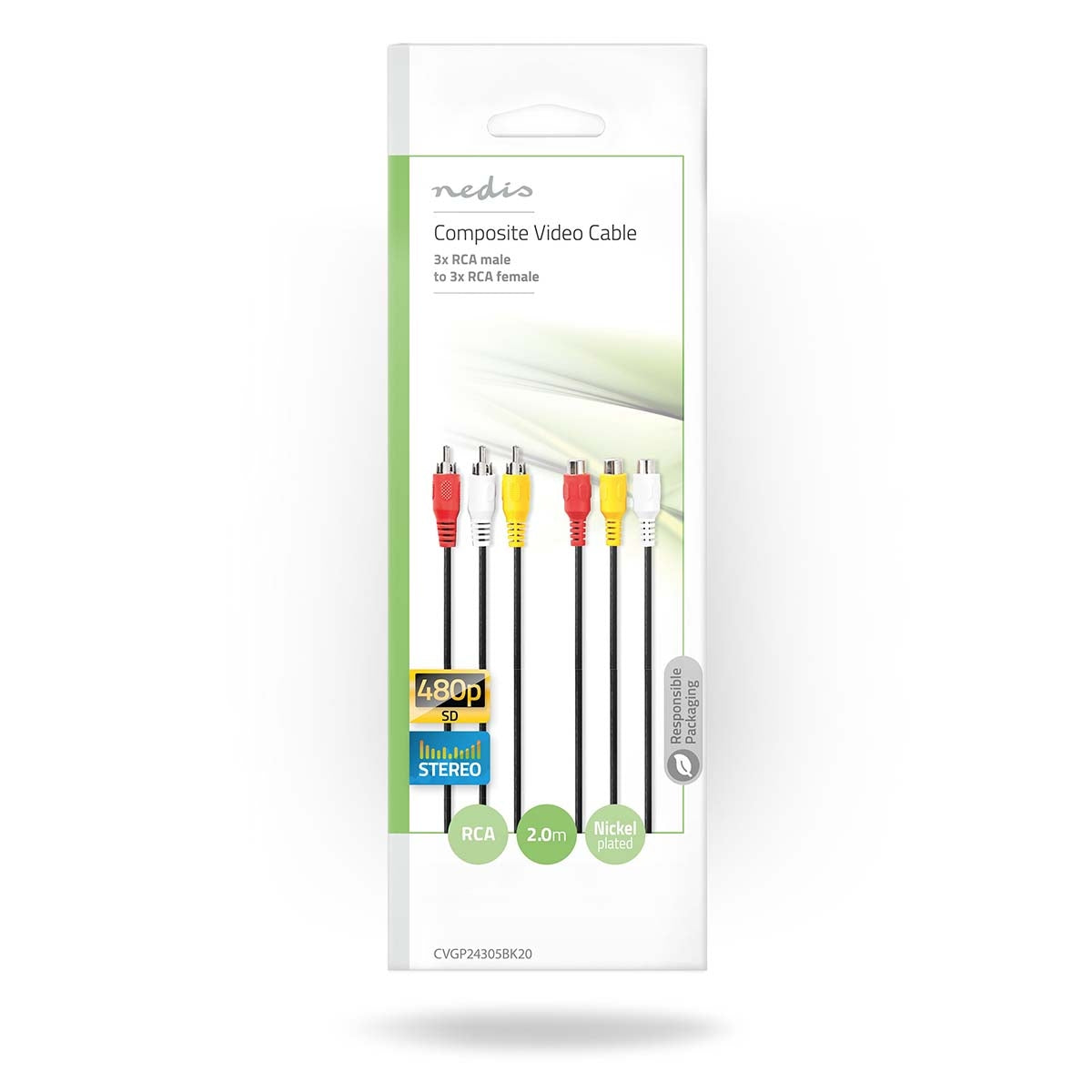 Composite Video Cable | 3x RCA Male | 3x RCA Female | Nickel Plated | 480p | 2.00 m | Round | PVC | Black | Envelope