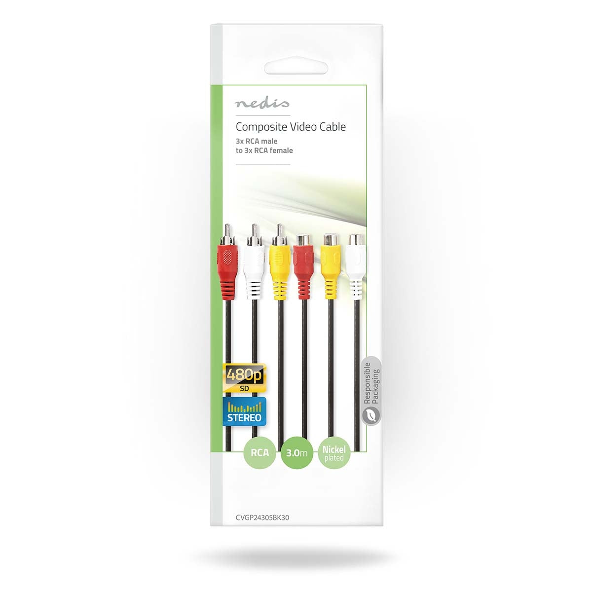 Composite Video Cable | 3x RCA Male | 3x RCA Female | Nickel Plated | 480p | 3.00 m | Round | PVC | Black | Envelope
