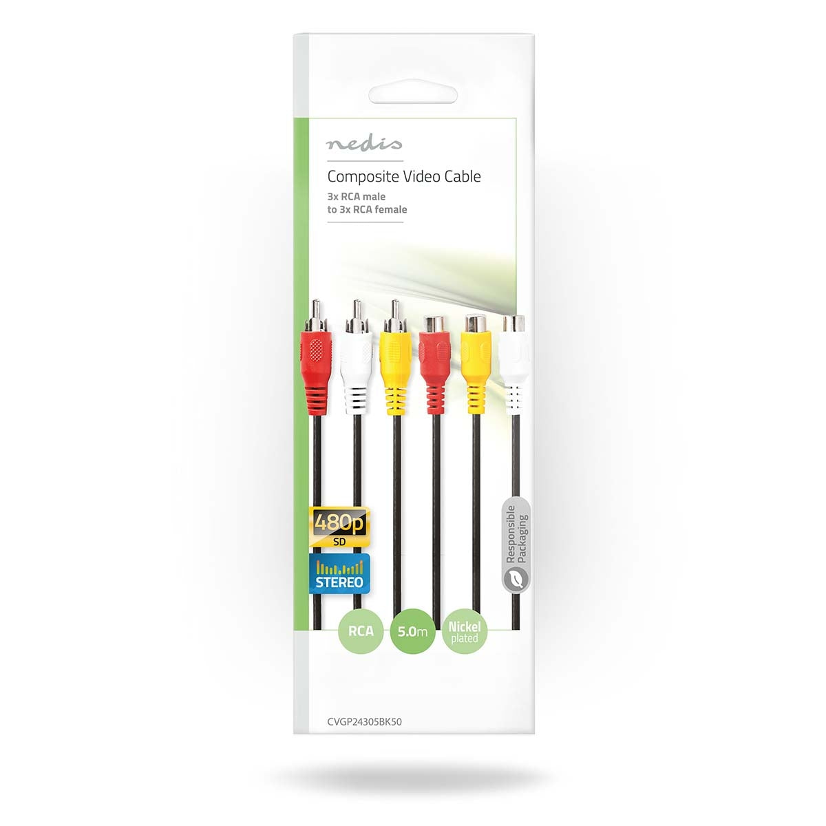 Composite Video Cable | 3x RCA Male | 3x RCA Female | Nickel Plated | 480p | 5.00 m | Round | PVC | Black | Envelope