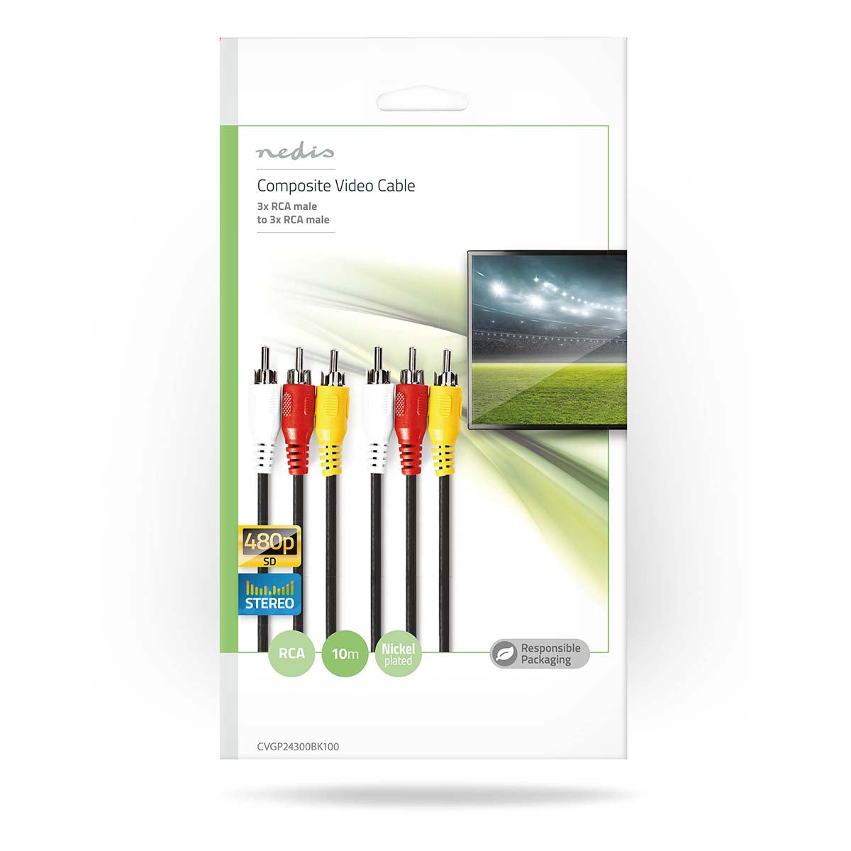 Composite Video Cable | 3x RCA Male | 3x RCA Male | Nickel Plated | 480p | 10.0 m | Round | PVC | Black | Envelope