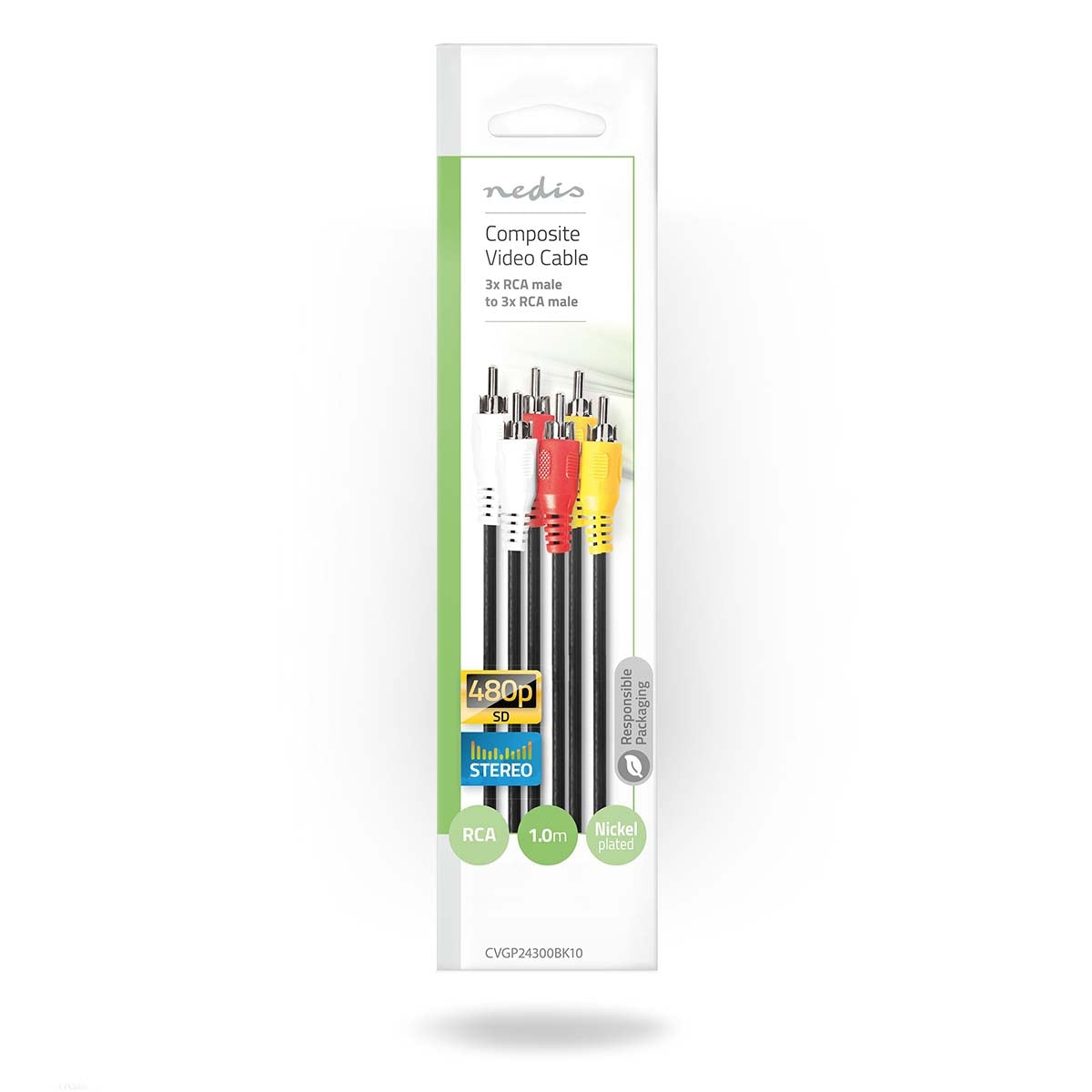 Composite Video Cable | 3x RCA Male | 3x RCA Male | Nickel Plated | 480p | 1.00 m | Round | PVC | Black | Plastic bag